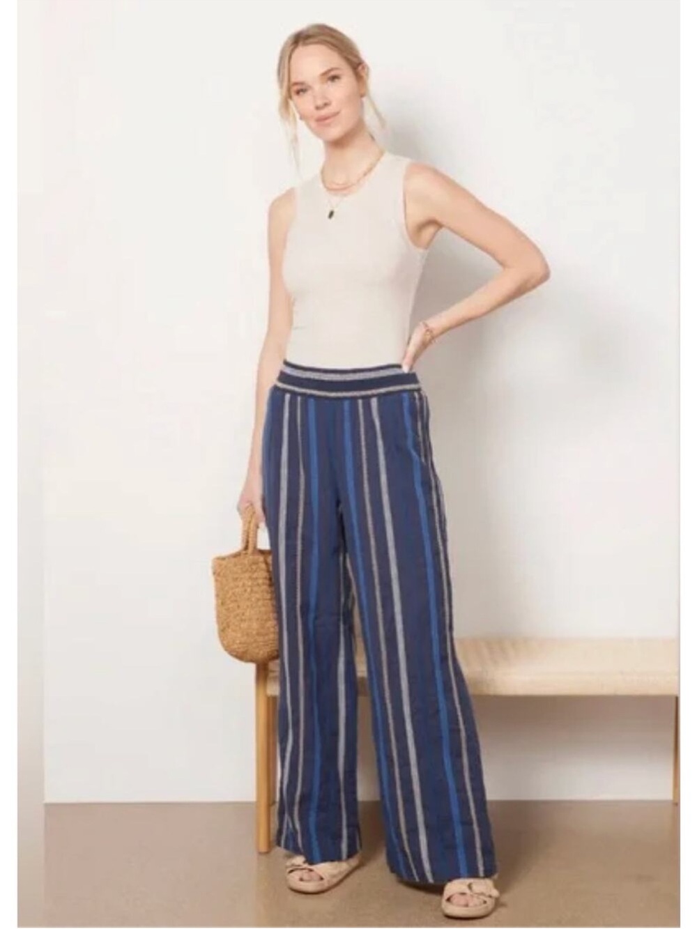 Michael Stars Rosa Navy Embroidered Stripe Wide Leg Pants | Size Small